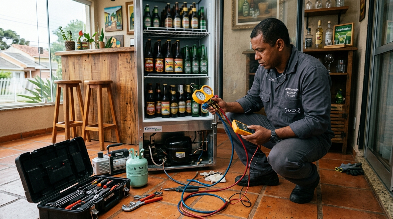 Técnico realizando manutenção de motor de cervejeira em Campo Grande‑MS
