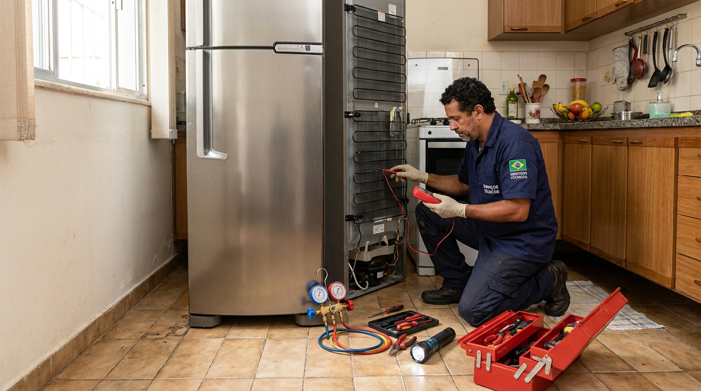 Técnico realizando manutenção de motor de geladeira em Campo Grande‑MS