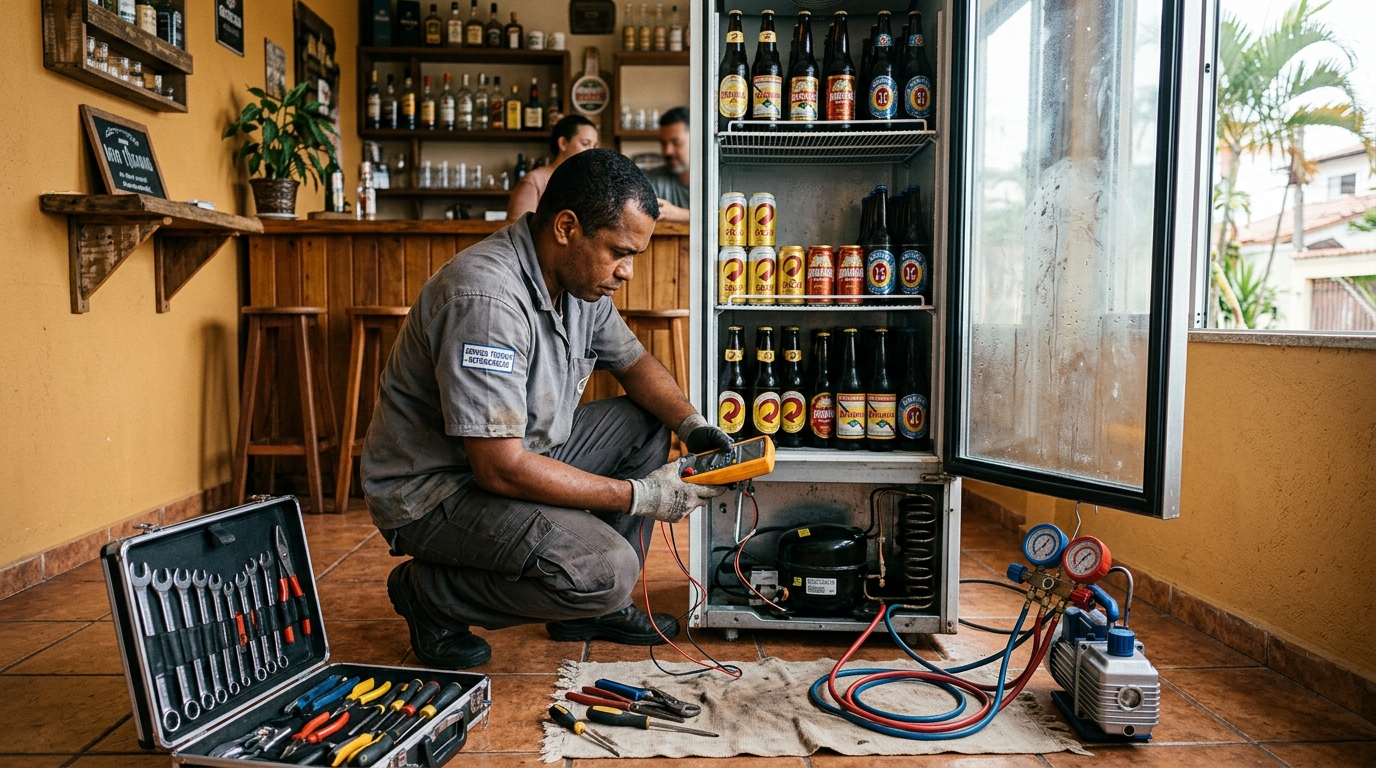 Troca de termostato de cervejeira em atendimento técnico em Campo Grande‑MS